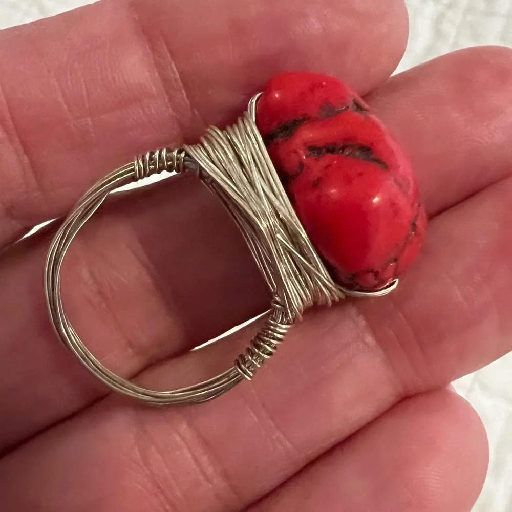 Red Coral Stone Silver Nest Ring Size 9 boho southwestern western artisan